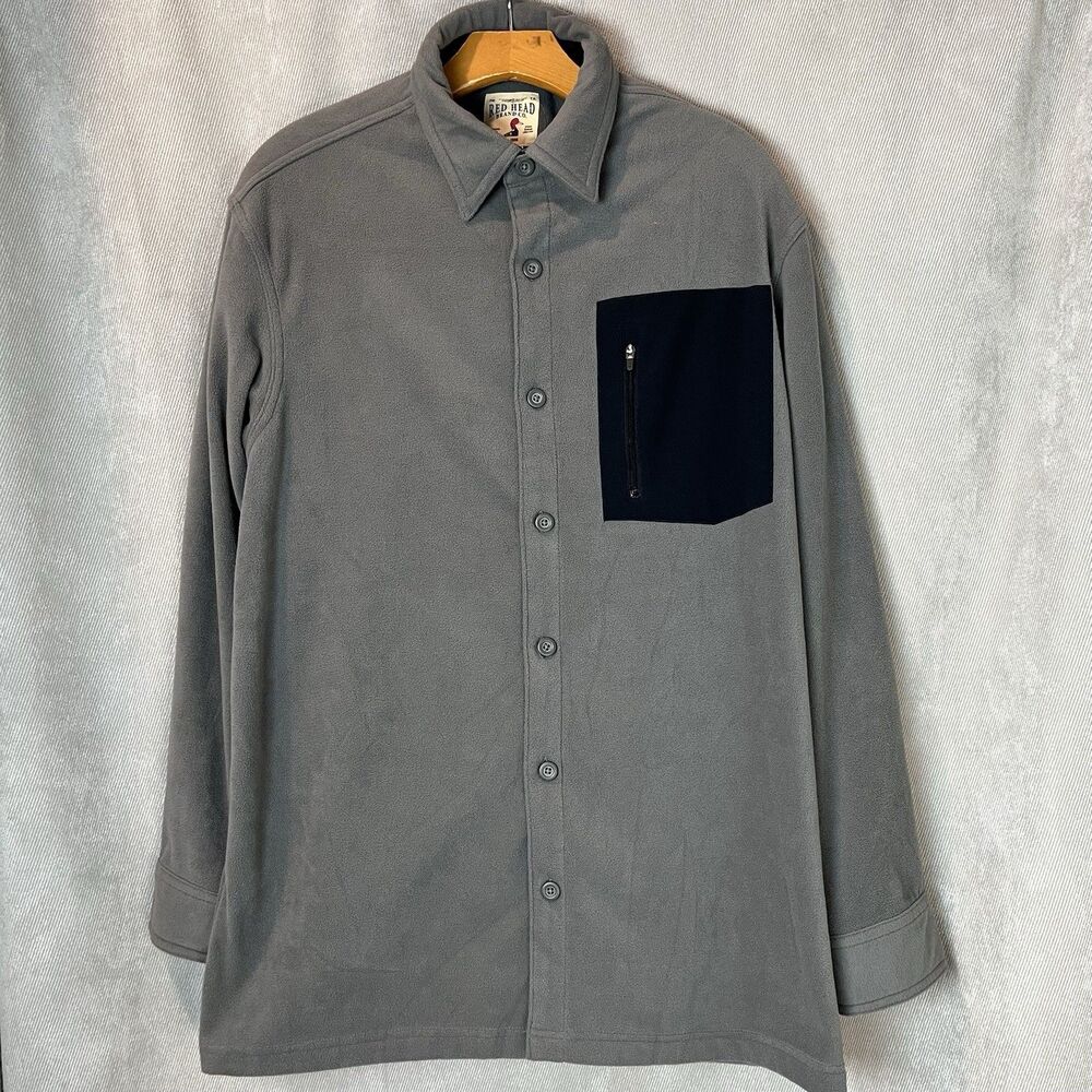 Red Head Mens Fleece Shirt LG Gray Button Snap Shaket Outdoors Workwear